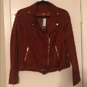 Red Lace-Up Suede Moto Jacket